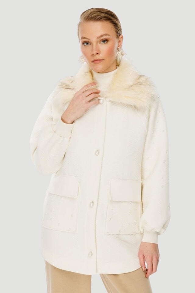 Ghisa Kürk Yaka Kaban Ekru