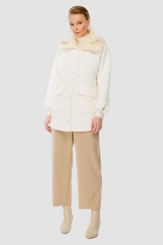 Ghisa Kürk Yaka Kaban Ekru