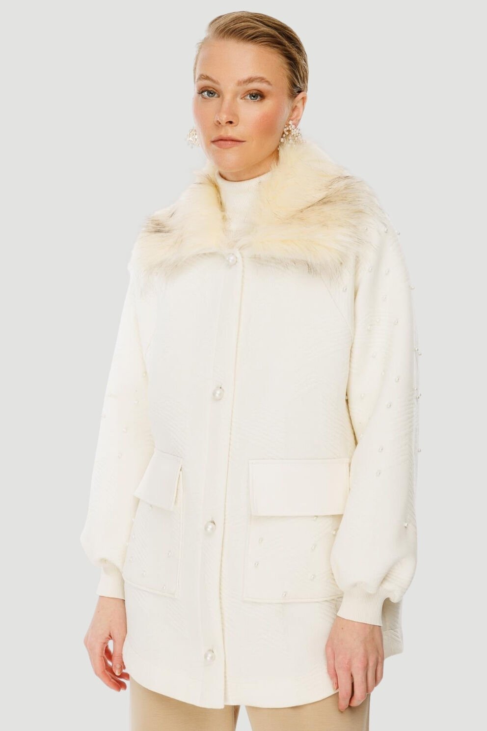 Ghisa Kürk Yaka Kaban Ekru