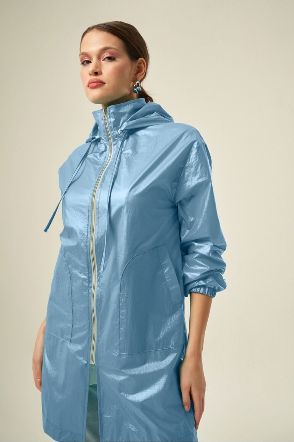 Mascara Hologramlı Buz Mavi Trenç Ceket