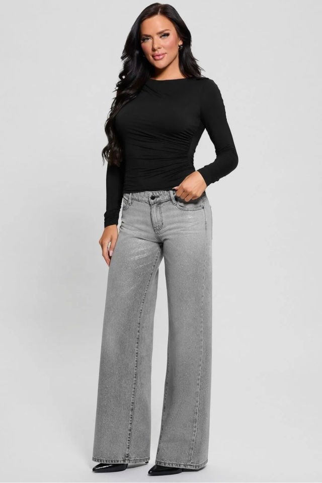 Guess Seksi Palazzo Kıvrımlı Kot Pantolon Gri