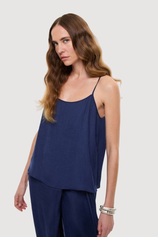 Roman Askılı Saten Bluz Lacivert