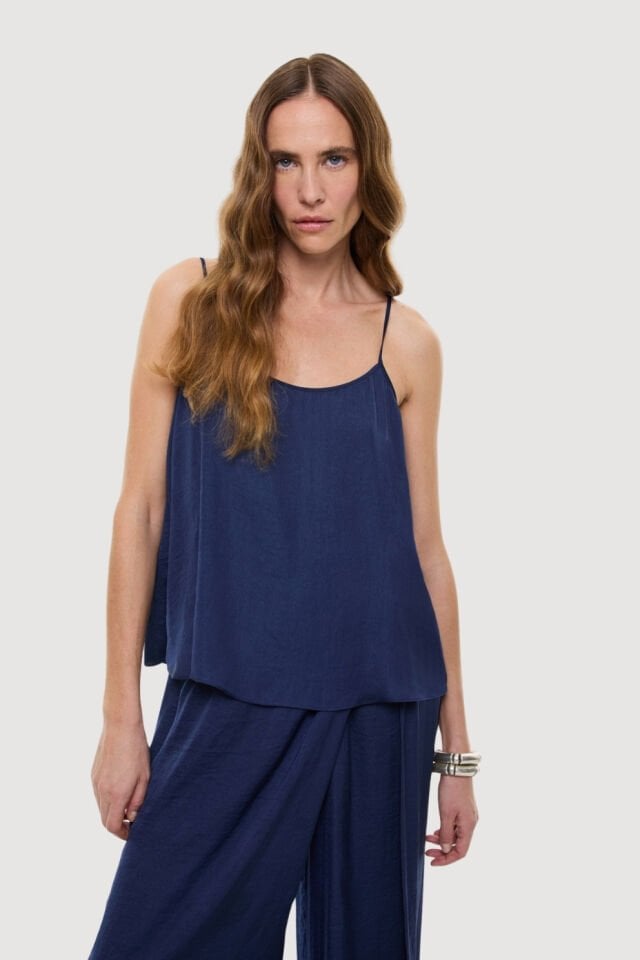 Roman Askılı Saten Bluz Lacivert