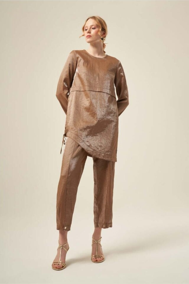 Mascara Etek Ucu Bantlı Koyu Bej Renk Tunik