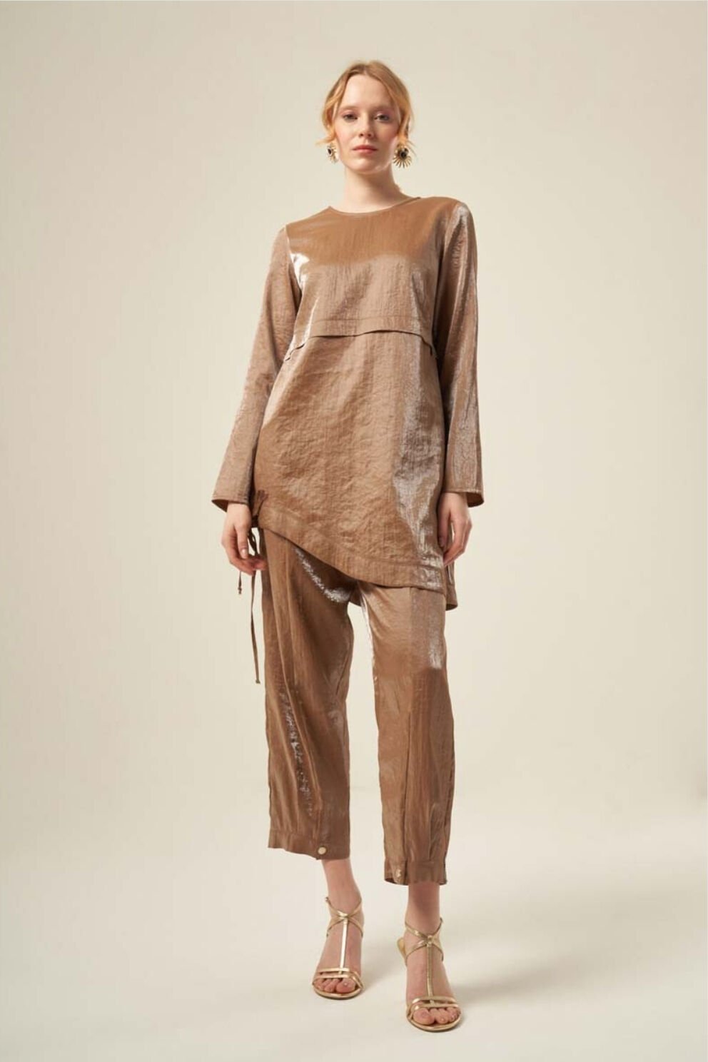 Mascara Etek Ucu Bantlı Koyu Bej Renk Tunik