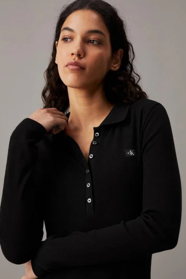 Calvin Klein Kadın Uzun Kol Yandan Yırtmaçlı Polo Yaka Siyah Elbise