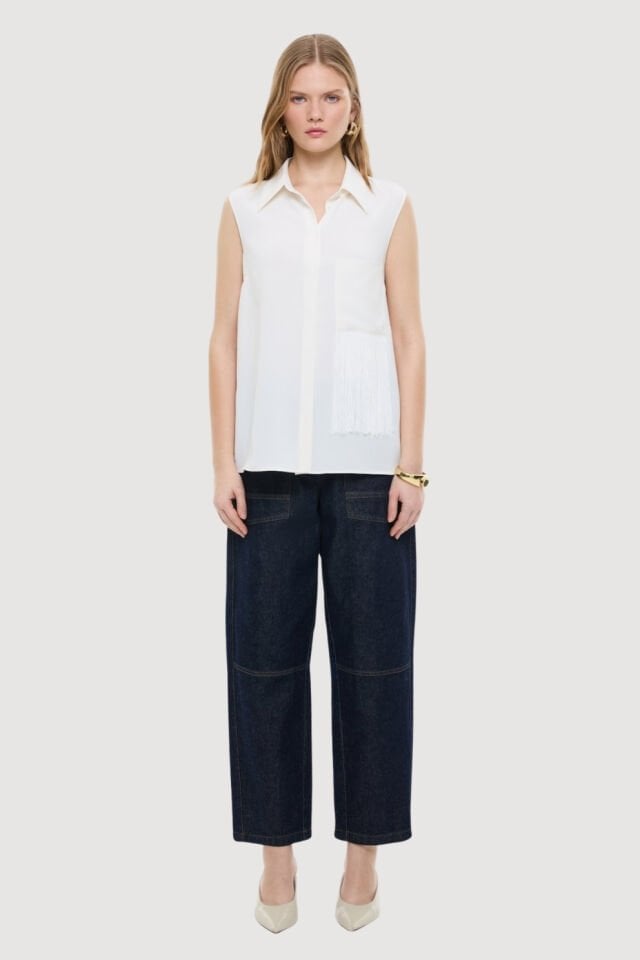 Roman Püskül Detaylı Kolsuz Gömlek Ekru