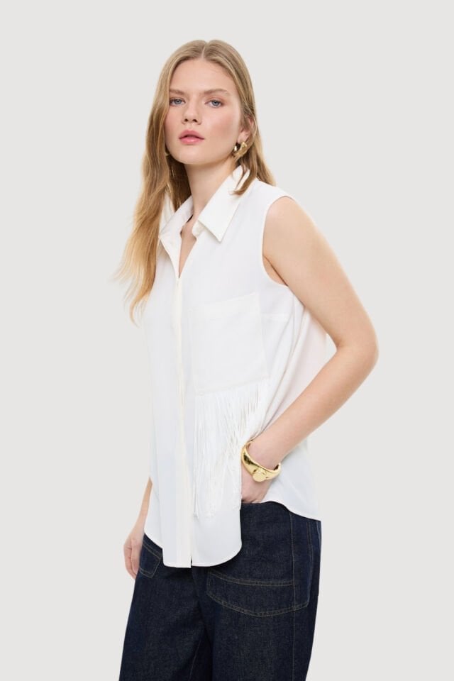 Roman Püskül Detaylı Kolsuz Gömlek Ekru