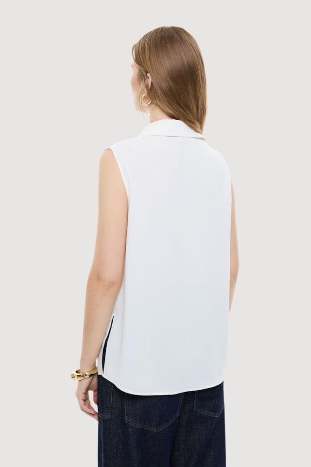 Roman Püskül Detaylı Kolsuz Gömlek Ekru