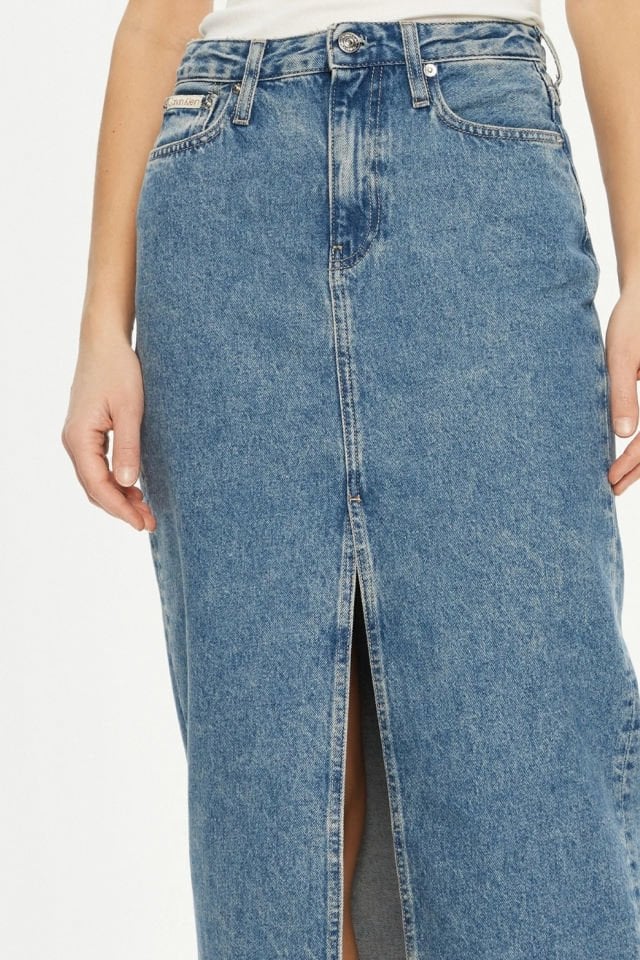 Calvin Klein Önden Yırtmaçlı Uzun Kot Etek Mavi