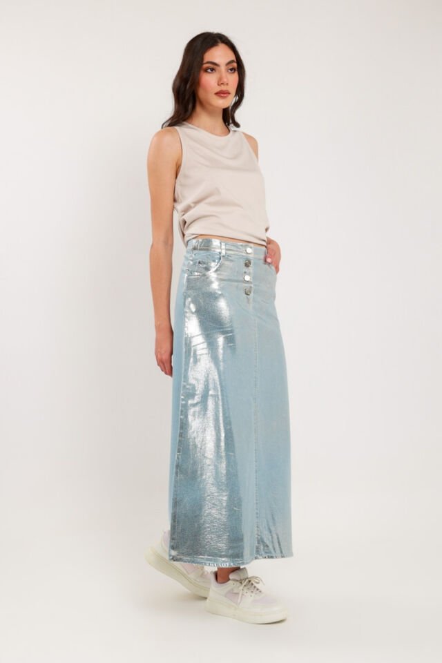 Mascara Metalik Baskılı Lacivert Kot Etek