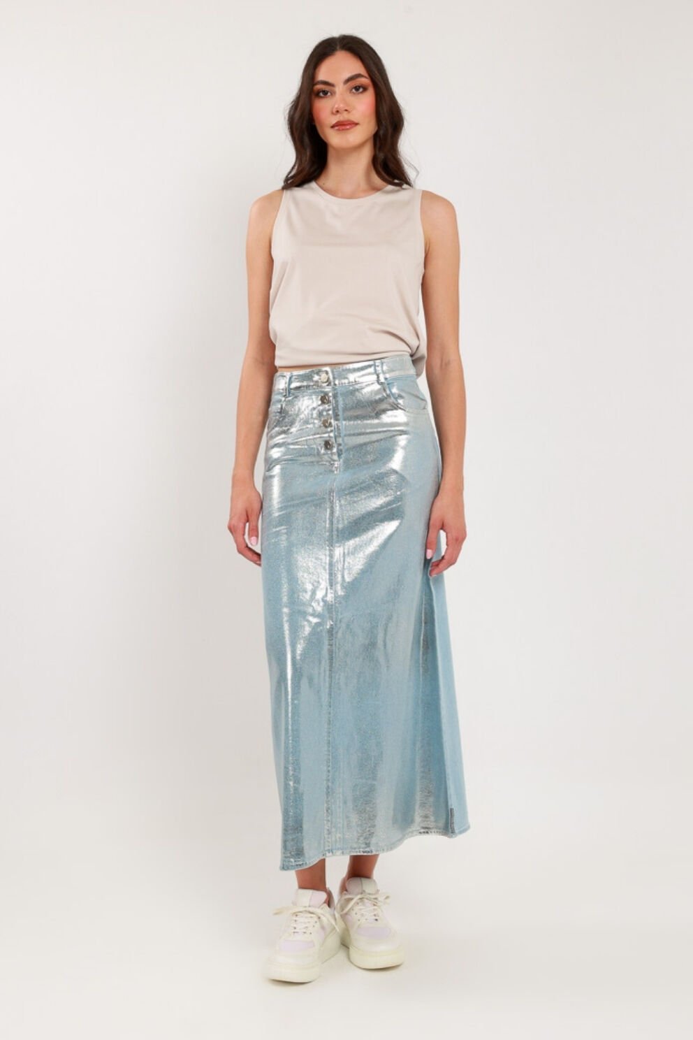 Mascara Metalik Baskılı Lacivert Kot Etek