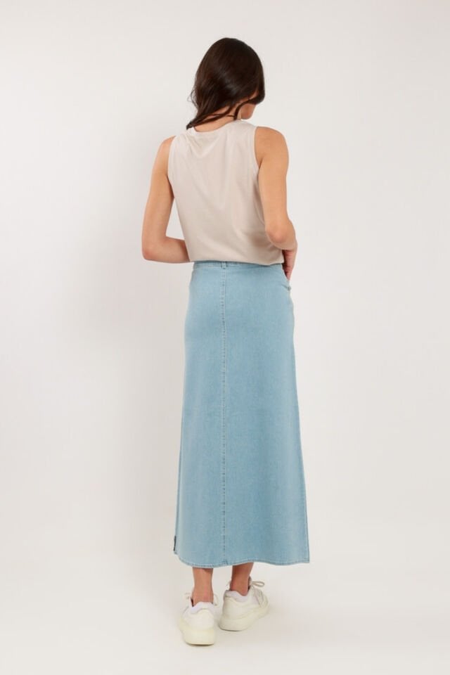 Mascara Metalik Baskılı Lacivert Kot Etek