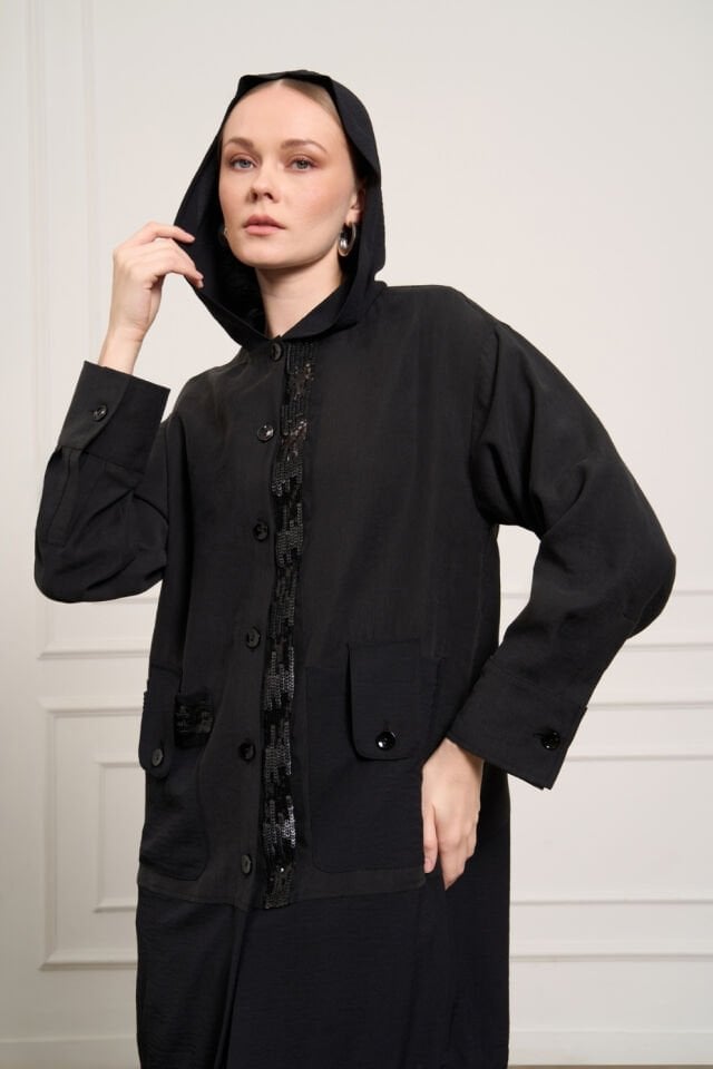 Mascara Kapüşonlu Düğmeli Siyah Ceket