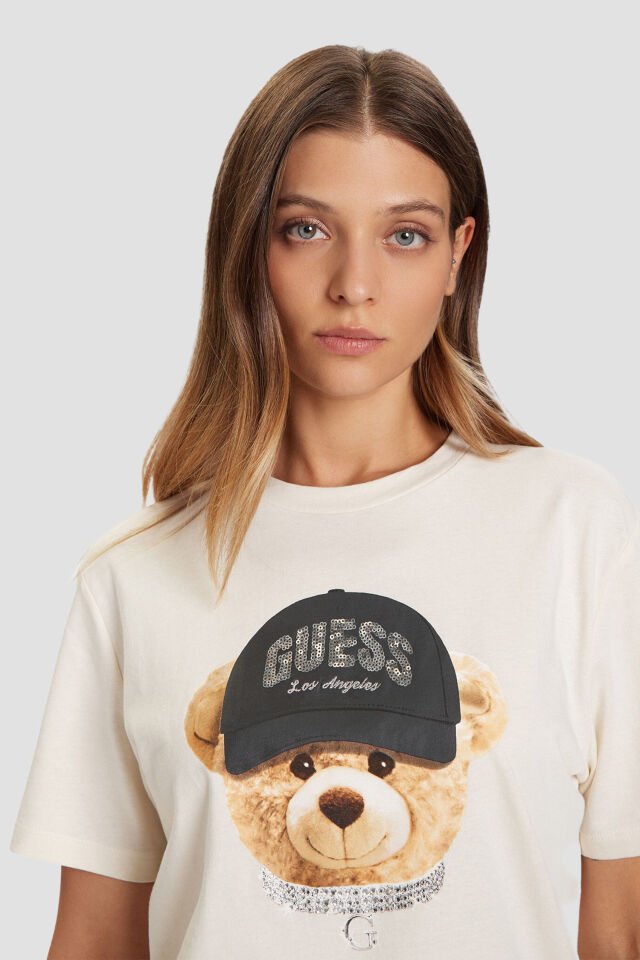 Guess Teddy Kadın Beyaz Aktif Regular Fit Tişört