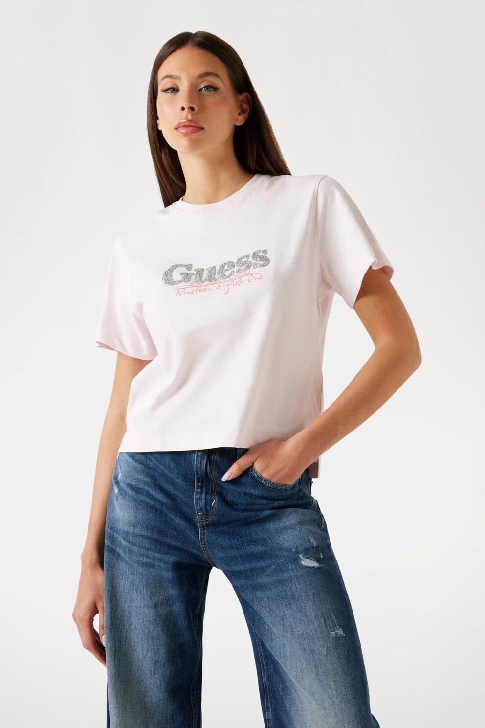 Guess Kutu Logolu Tişört Pembe