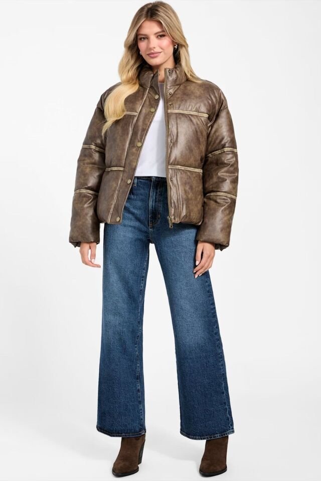 Guess Yıkanmış Suni Deri Şişme Ceket Kahverengi