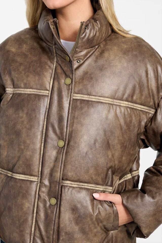 Guess Yıkanmış Suni Deri Şişme Ceket Kahverengi