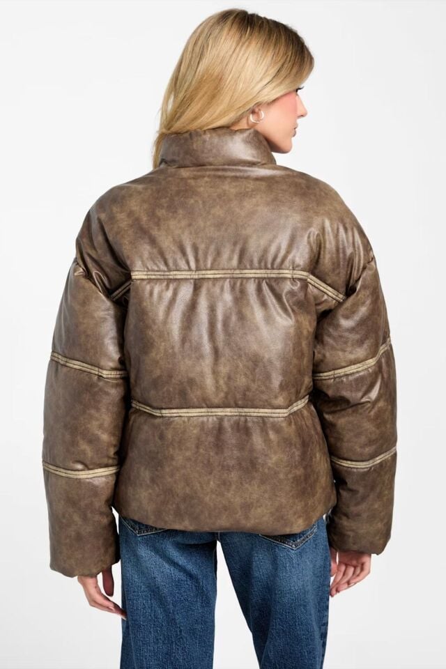 Guess Yıkanmış Suni Deri Şişme Ceket Kahverengi