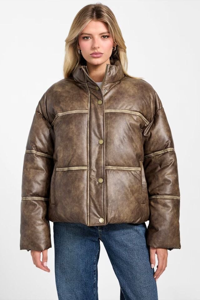 Guess Yıkanmış Suni Deri Şişme Ceket Kahverengi