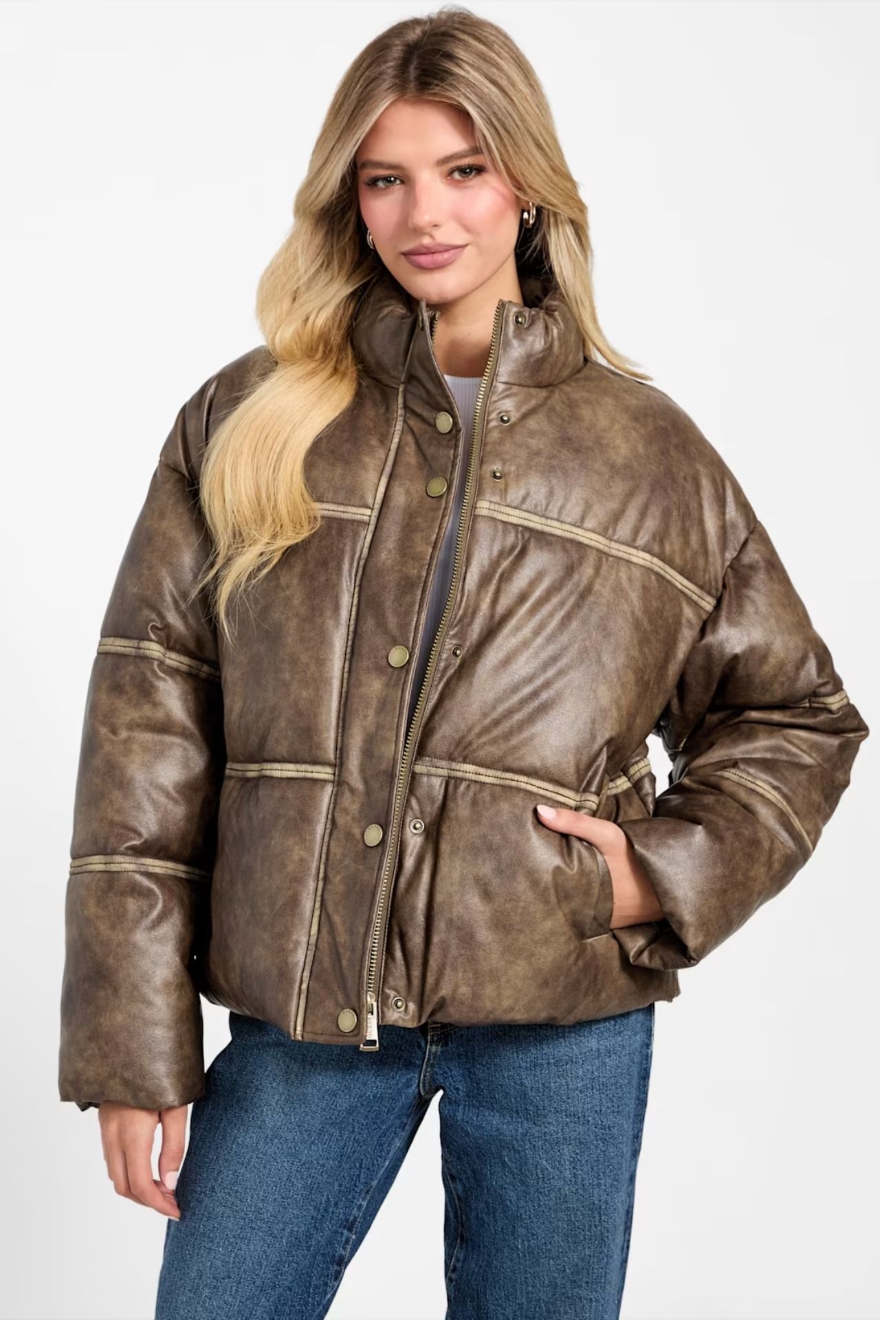 Guess Yıkanmış Suni Deri Şişme Ceket Kahverengi