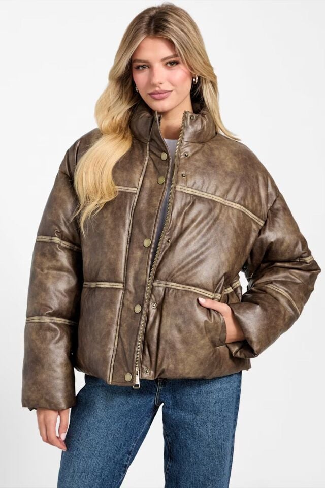 Guess Yıkanmış Suni Deri Şişme Ceket Kahverengi