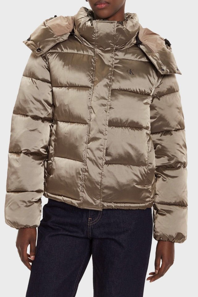 Calvin Klein Logolu Parlak Saten Şişme Mont Bronz