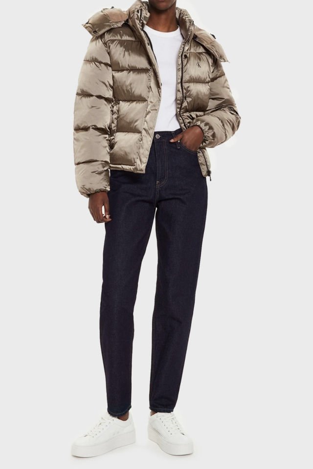 Calvin Klein Logolu Parlak Saten Şişme Mont Bronz