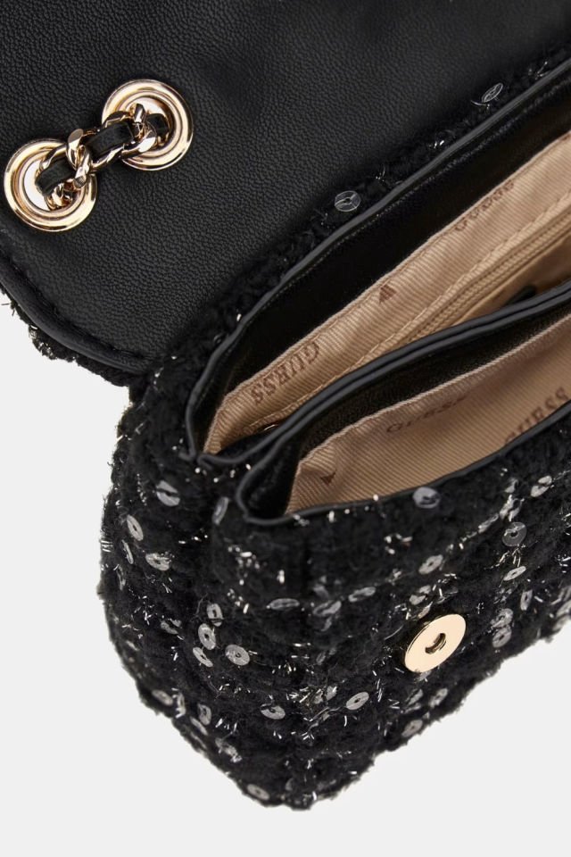 Guess Giully Payetli Tüvit Mini Çapraz Çanta Siyah