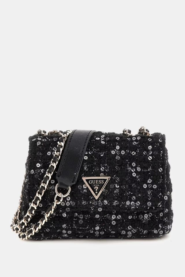 Guess Giully Payetli Tüvit Mini Çapraz Çanta Siyah