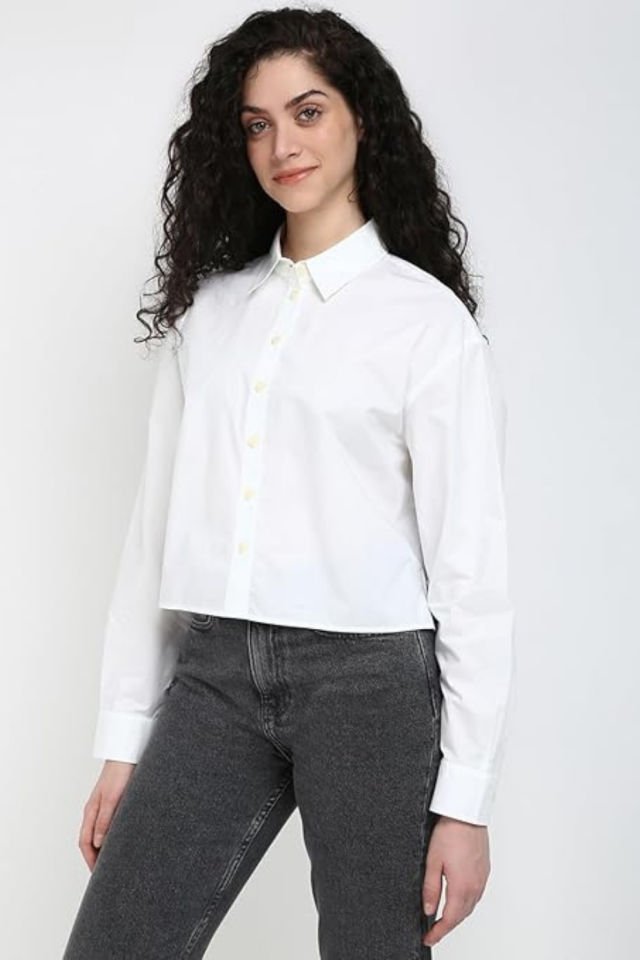 Calvin Klein Jeans Kadın Düz Rahat Kesim Gömlek Beyaz