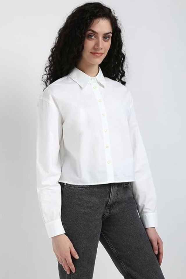 Calvin Klein Jeans Kadın Düz Rahat Kesim Gömlek Beyaz