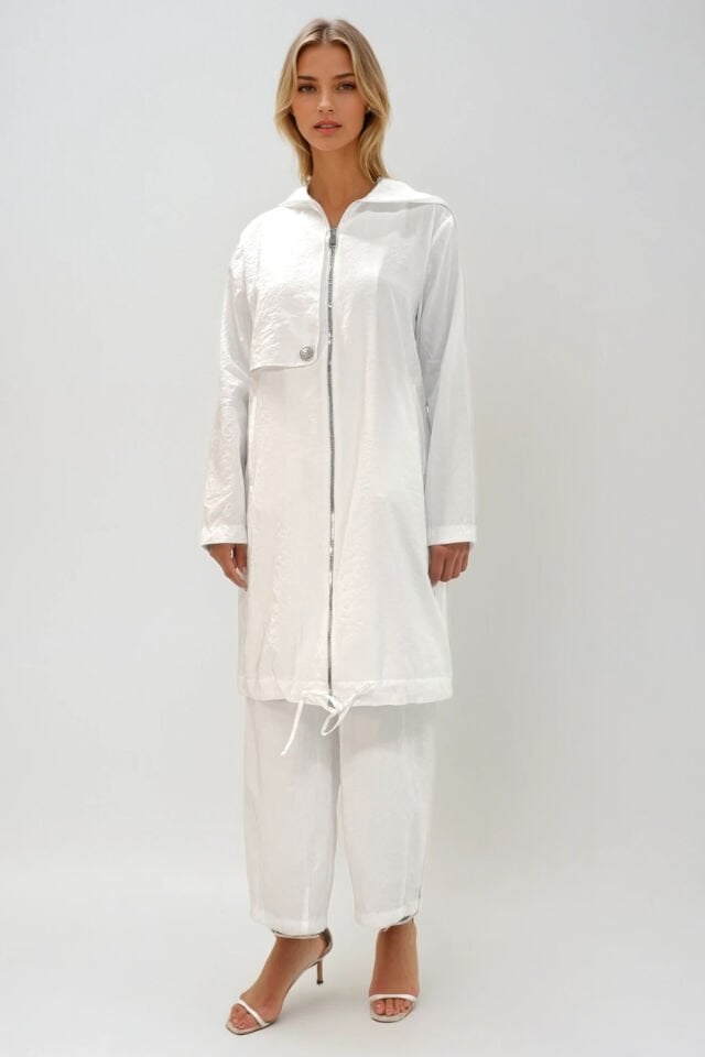 Mascara Paçası Pensli Beyaz Pantolon