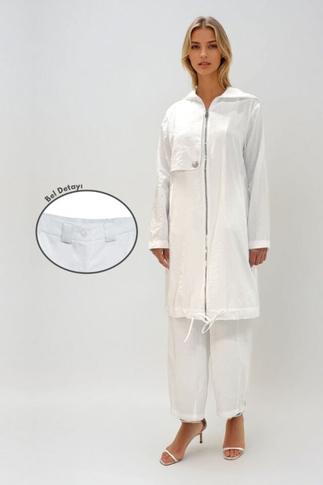 Mascara Paçası Pensli Beyaz Pantolon