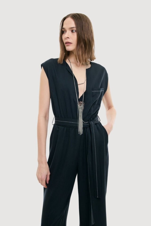 Roman Beli lastikli ve Kuşaklı Önü Fermuarlı V Yaka Tulum Lacivert