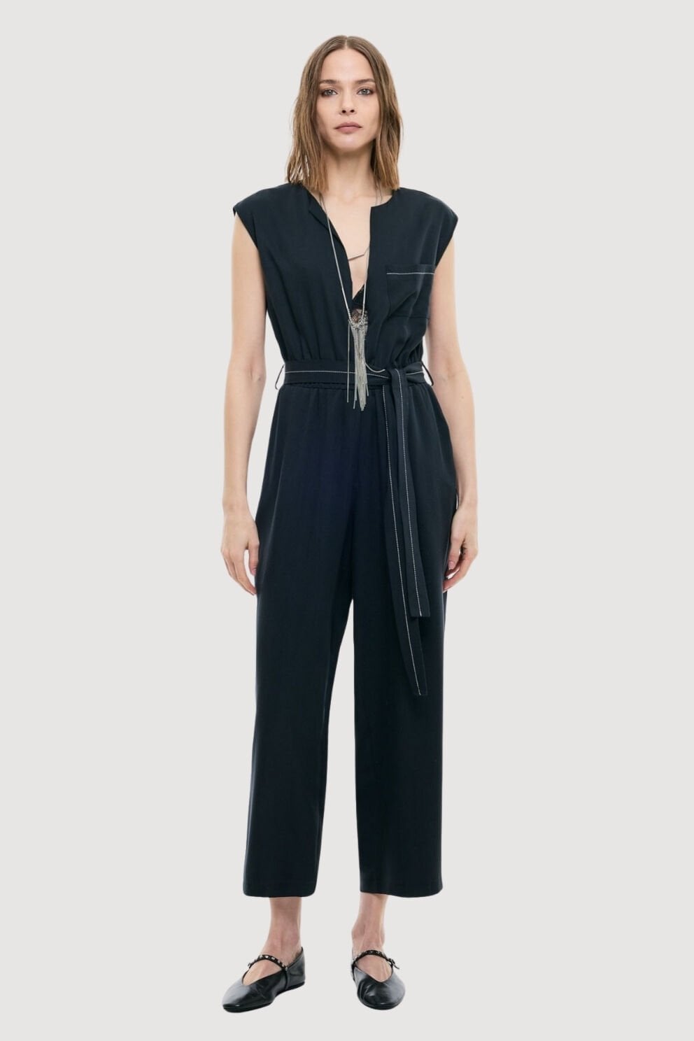 Roman Beli lastikli ve Kuşaklı Önü Fermuarlı V Yaka Tulum Lacivert