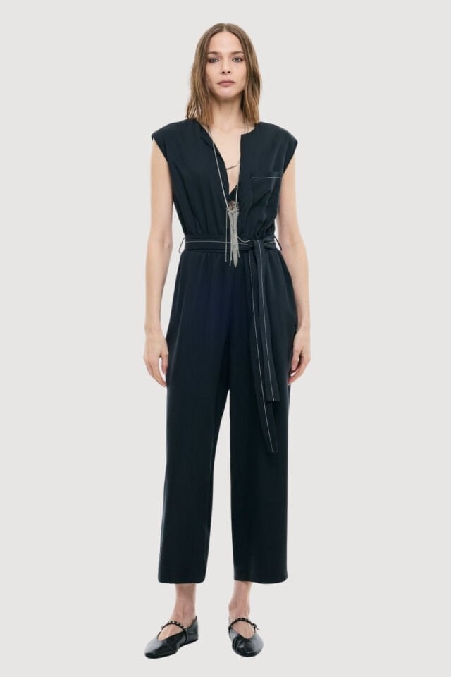 Roman Beli lastikli ve Kuşaklı Önü Fermuarlı V Yaka Tulum Lacivert