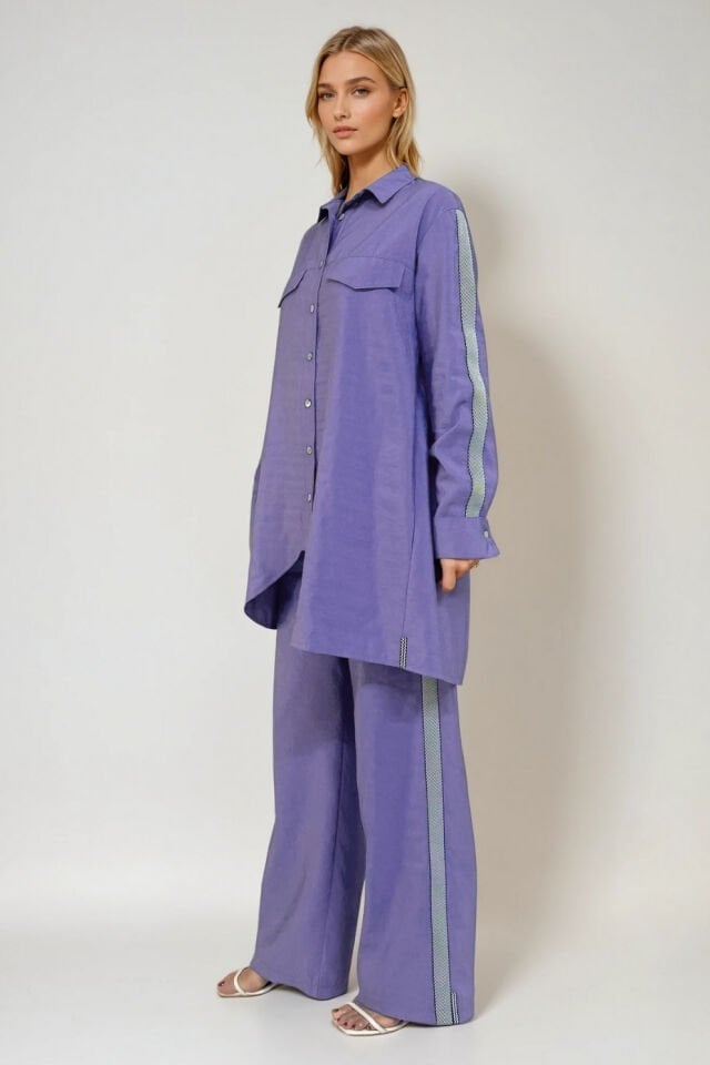 Mascara Şerit Detaylı Lila Pantolon