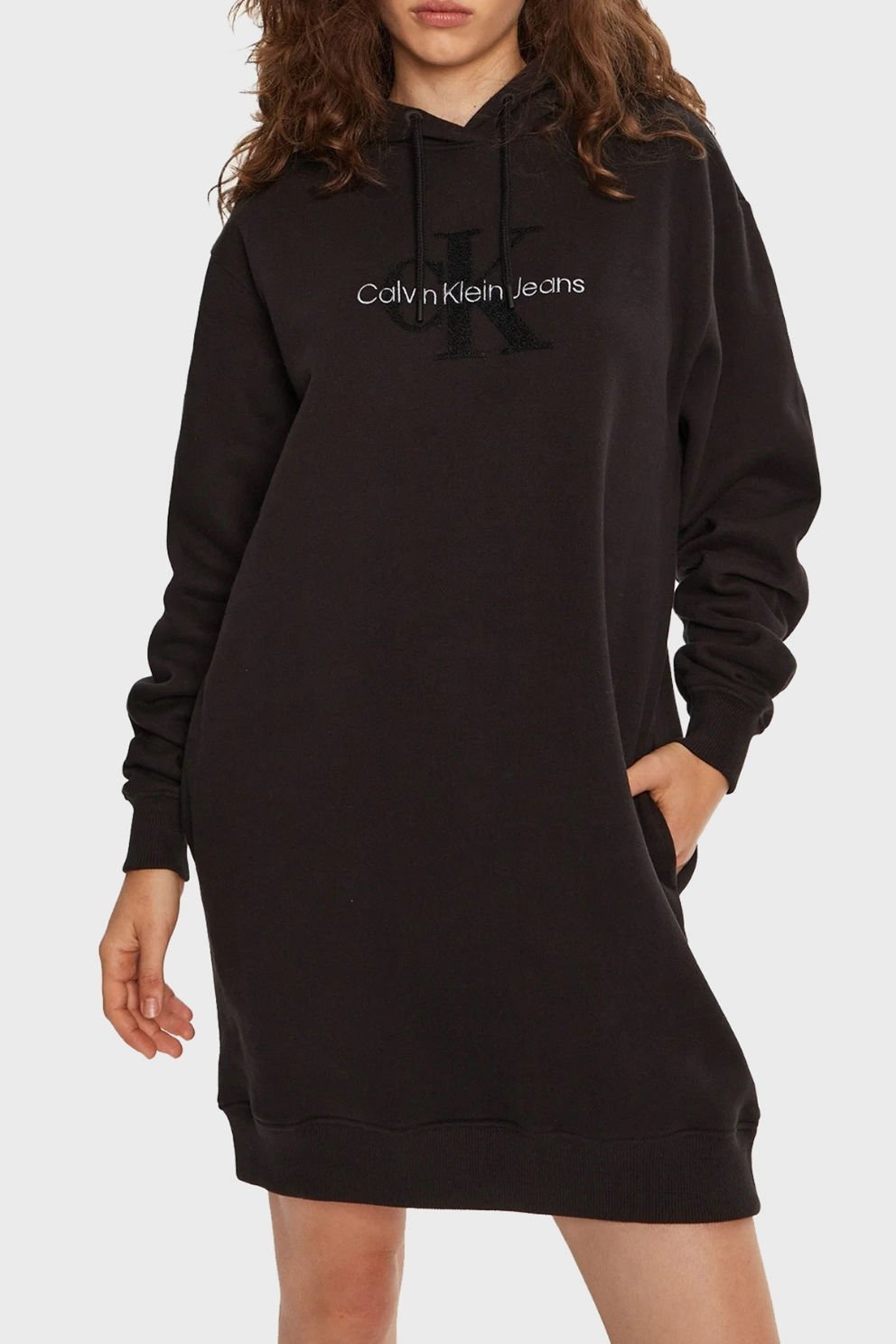 Calvin Klein Pamuklu Kapüşonlu Spor Mini Bayan Elbise Siyah