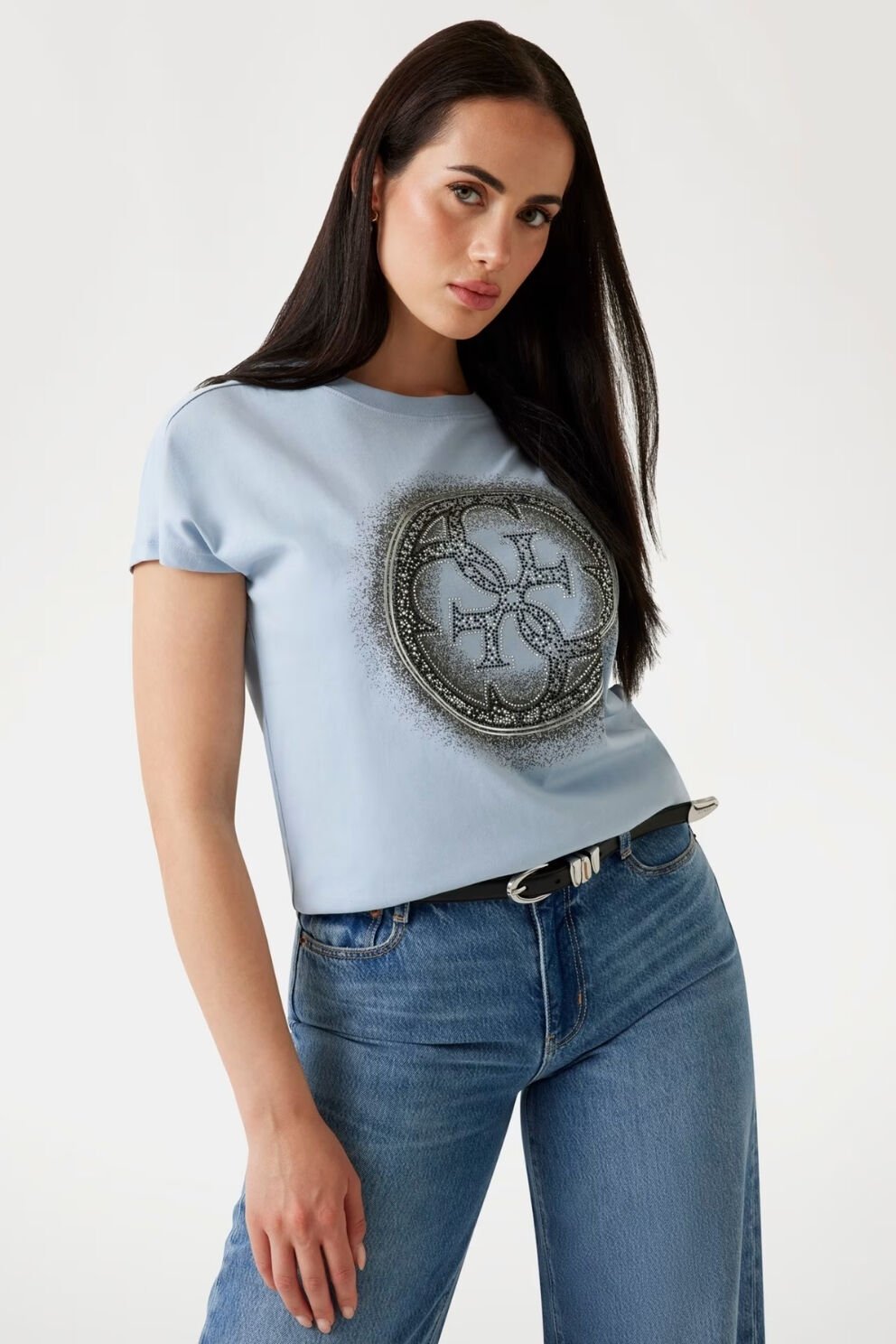 Guess Dar Kesim 4G Logolu Tişört Açık Mavi