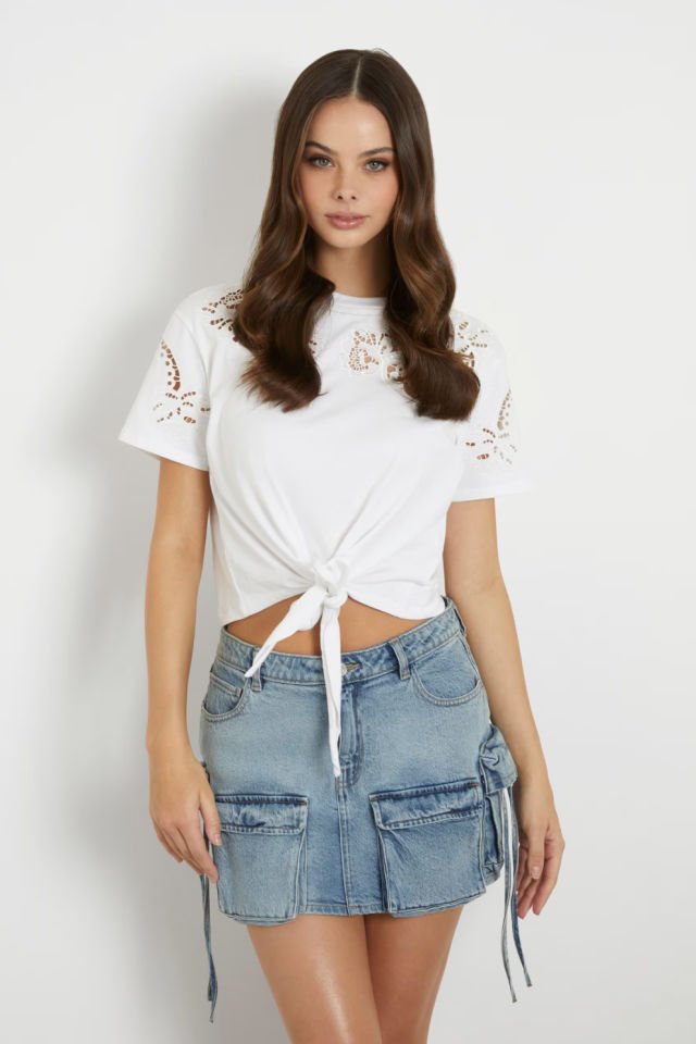Guess Ajurlu Dantel T-shirt Beyaz