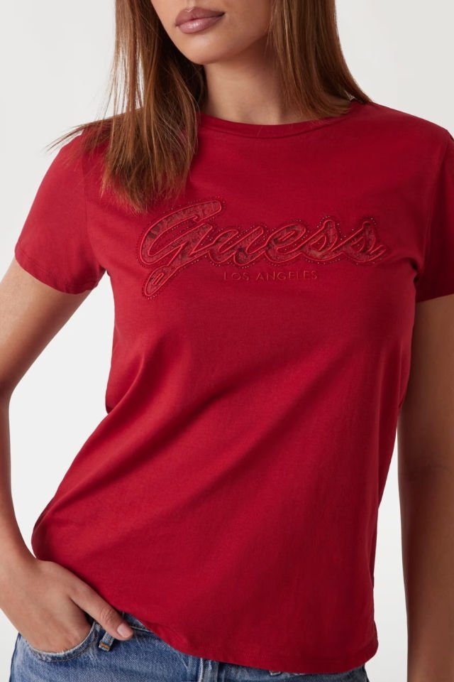 Guess Dantelli Logolu T-shirt Kırmızı