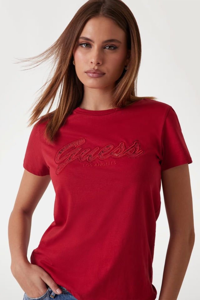 Guess Dantelli Logolu T-shirt Kırmızı