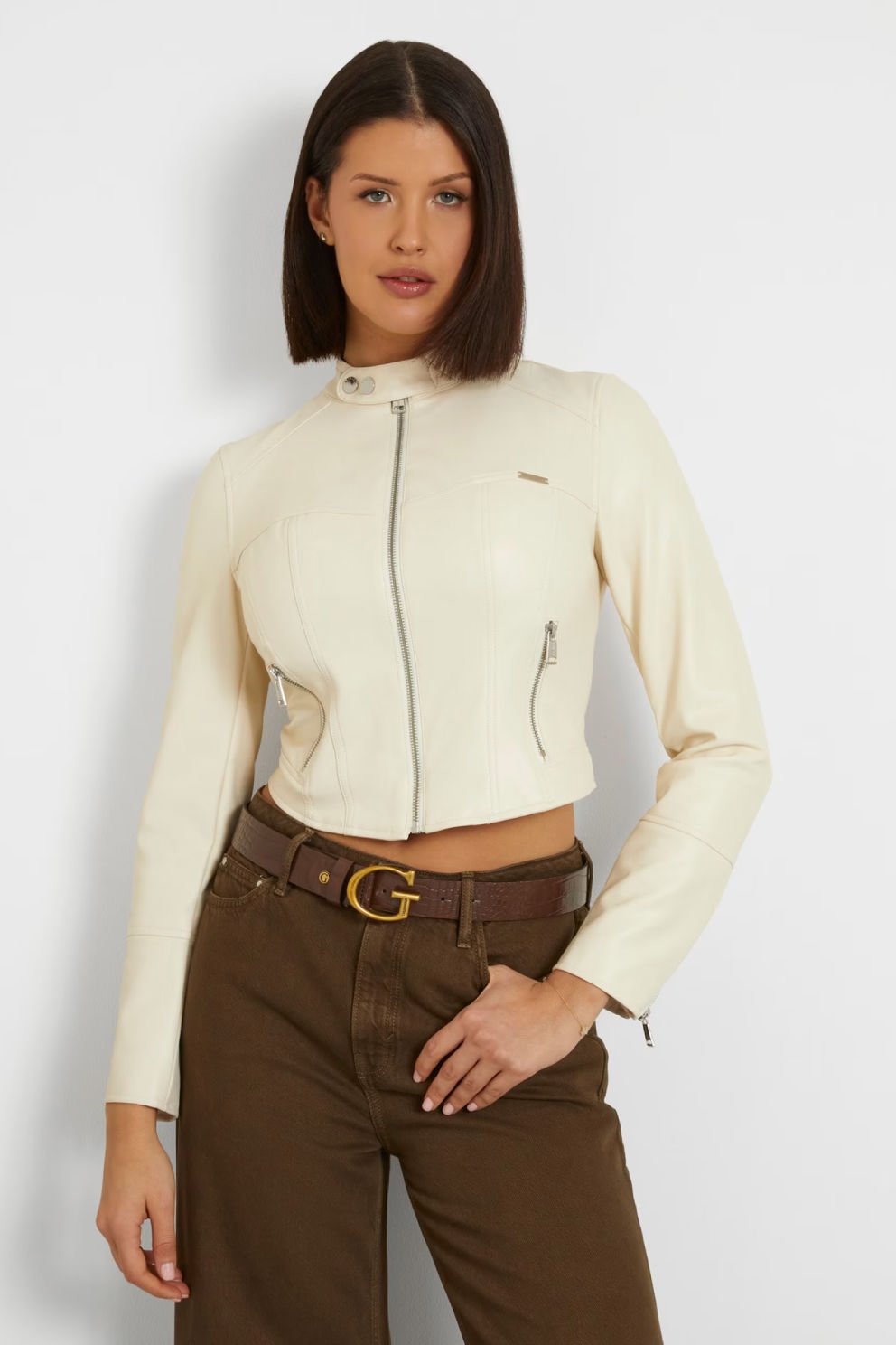 Guess Suni Deri Ceket Krem Rengi