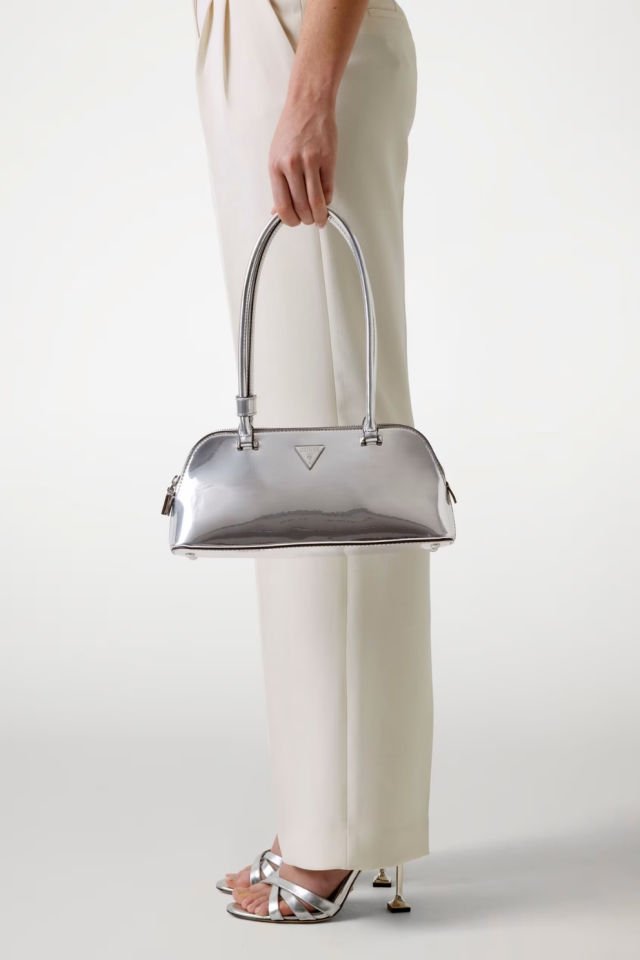 Guess Arnela Ayna Efektli Omuz Çantası Gümüş