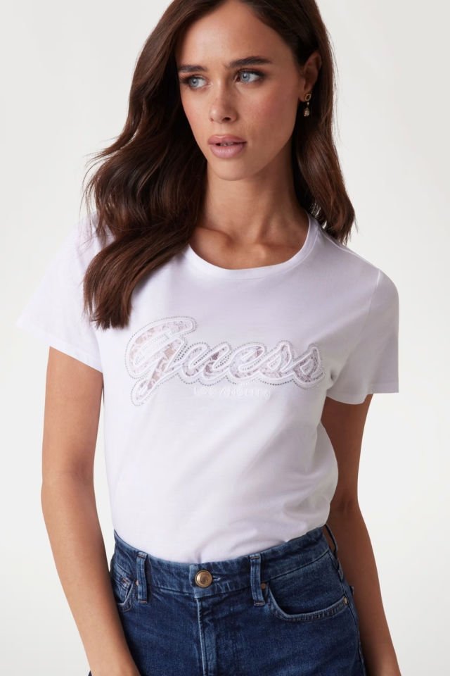 Guess Dantelli Logolu T-shirt Beyaz