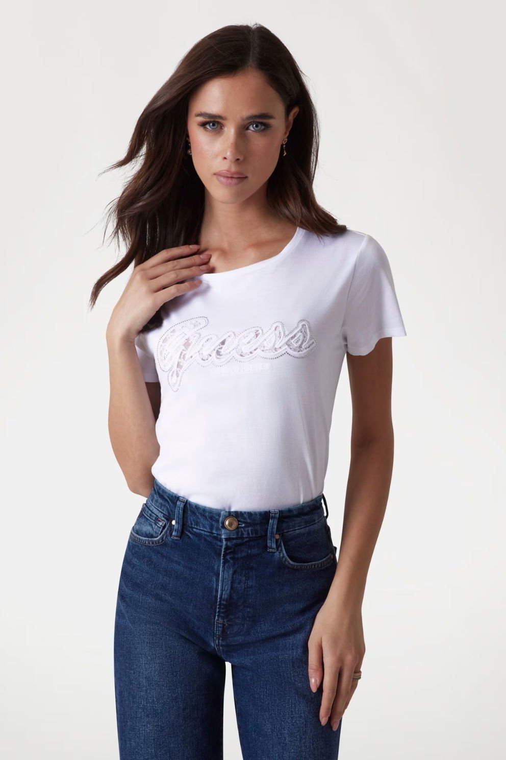 Guess Dantelli Logolu T-shirt Beyaz
