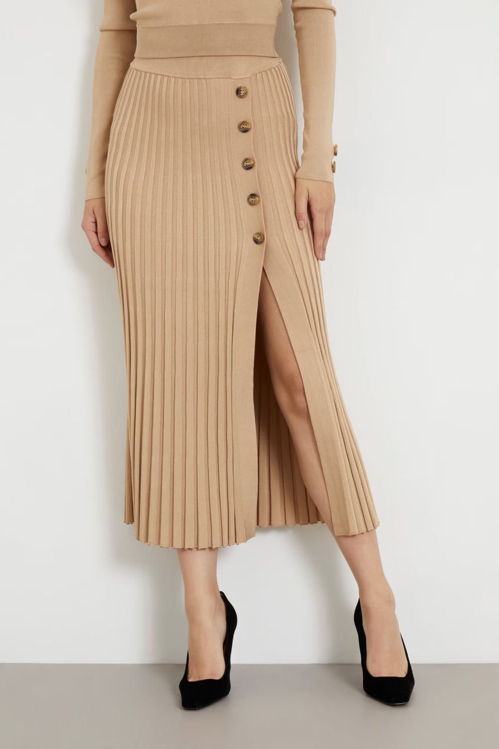 Guess Plise Triko Midi Etek Bej