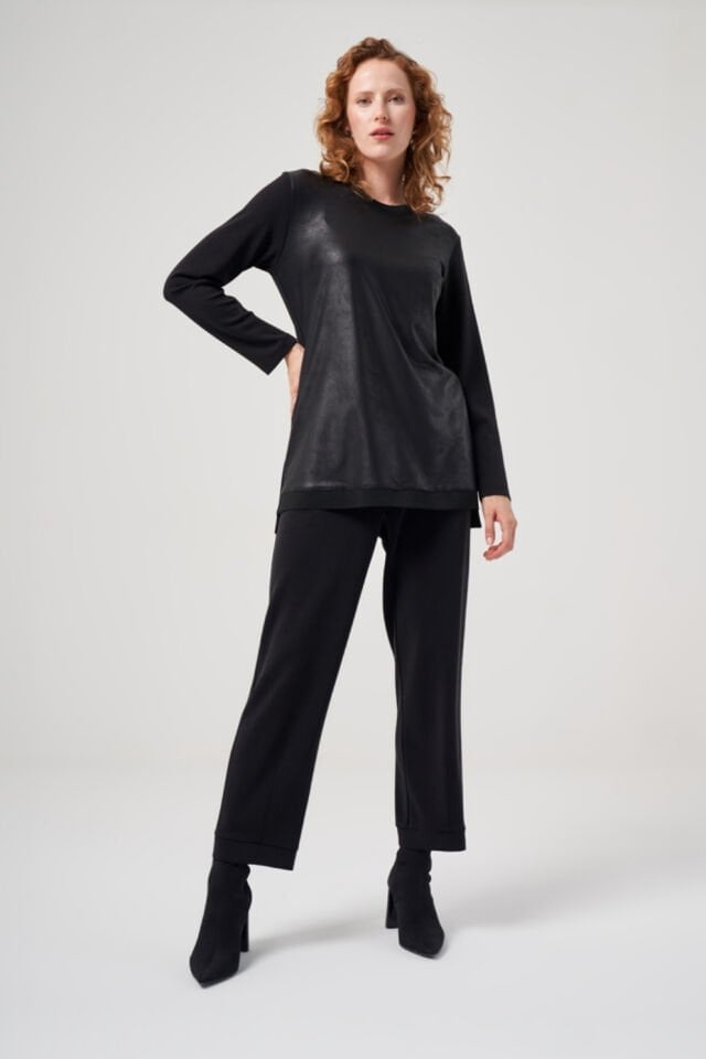 Mascara Deri Detaylı Siyah Renk Tunik