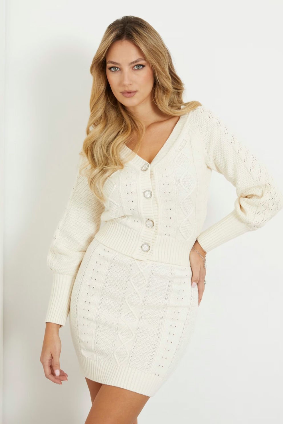 Guess Saç Örgülü Hırka Krem